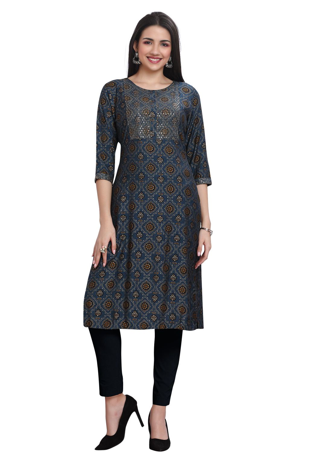 Silk Kurti for Women: Straight Cut with Sequin Embroidery & Bandhani Print
