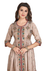 Silk Peplum Kurta Set in Light Mud Brown with dupatta and a pleated palazzo