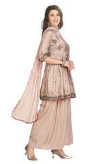 Silk Peplum Kurta Set in Light Mud Brown with dupatta and a pleated palazzo