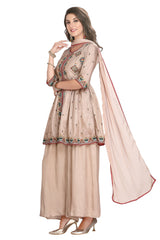 Silk Peplum Kurta Set in Light Mud Brown with dupatta and a pleated palazzo