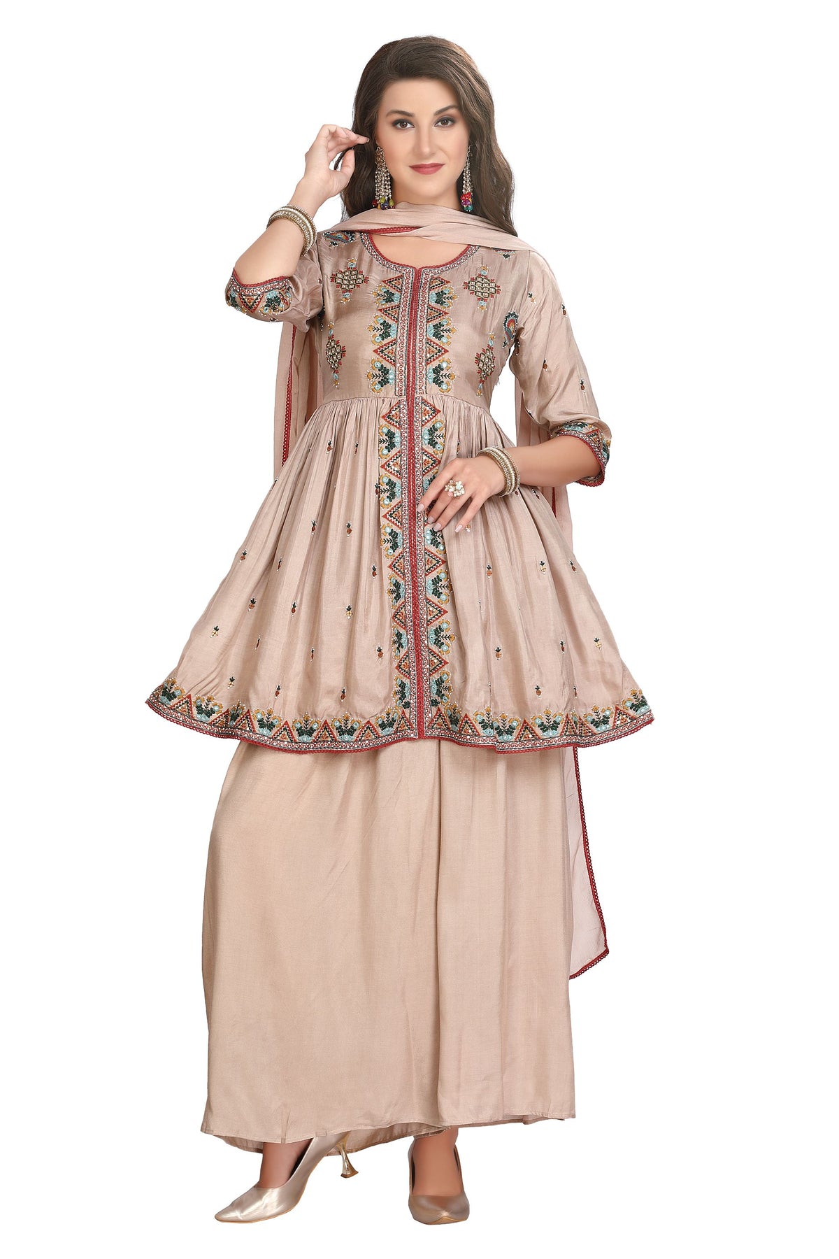 Silk Peplum Kurta Set in Light Mud Brown with dupatta and a pleated palazzo