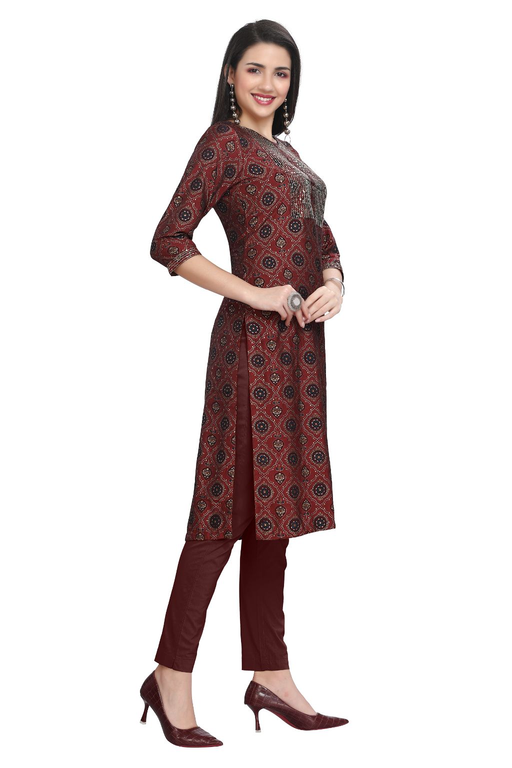 Silk Kurti for Women: Straight Cut with Sequin Embroidery & Bandhani Print