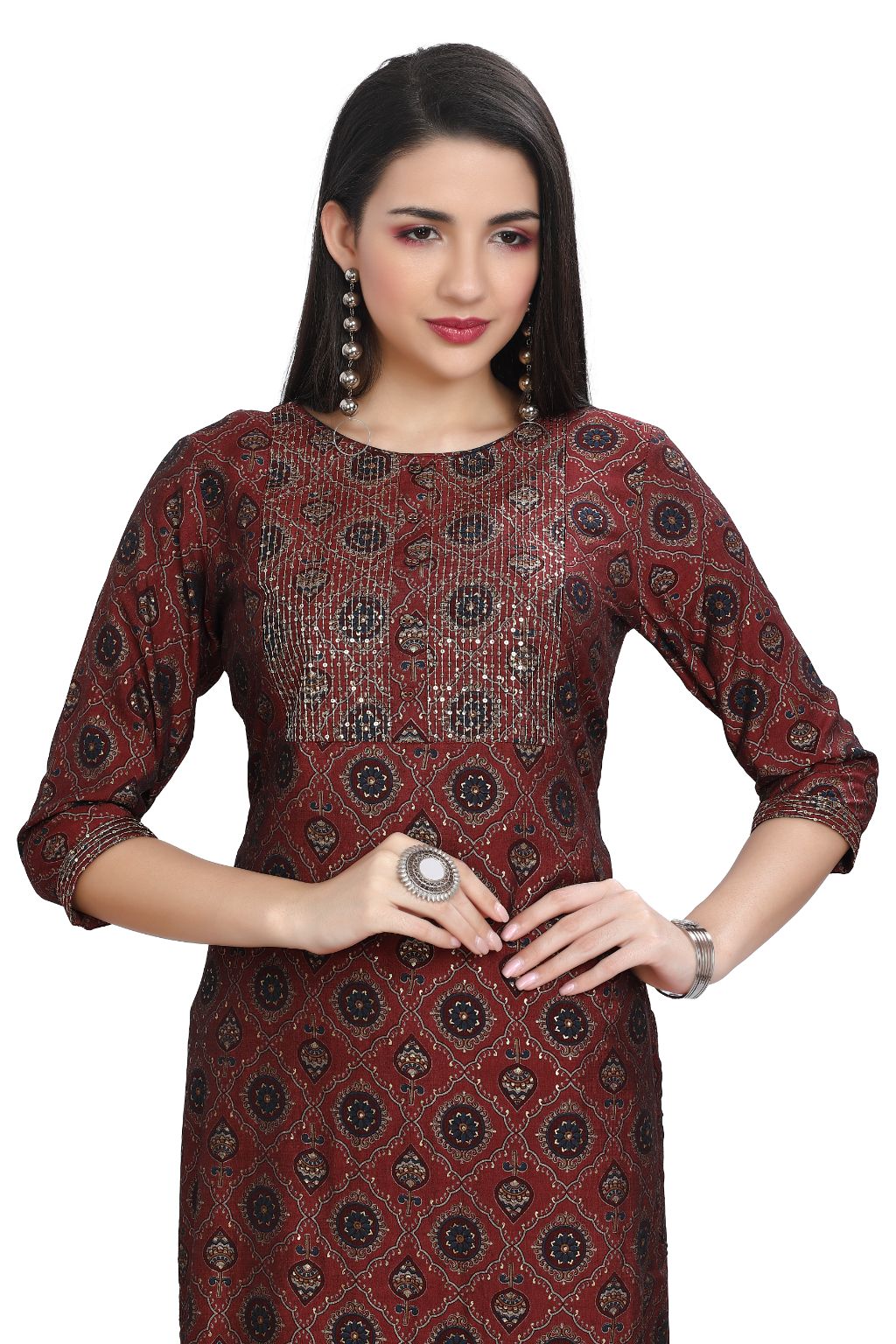 Silk Kurti for Women: Straight Cut with Sequin Embroidery & Bandhani Print