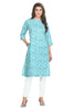 Sky Blue Cotton A-line Printed Kurti with Mandrin Collar