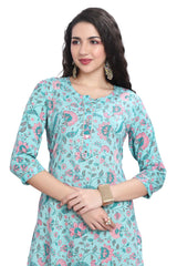 Blue Floral Print Cotton Kurti with Zari Work