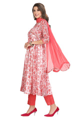 Tomato Pink Floral Print Cotton Kurta Set with Chiffon Dupatta