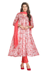 Tomato Pink Floral Print Cotton Kurta Set with Chiffon Dupatta