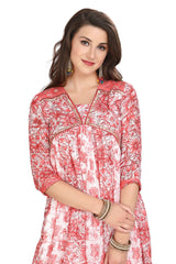 Tomato Pink Alia cut Floral Print Cotton Kurta Set with Chiffon Dupatta