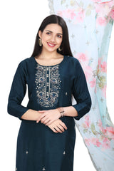 Trendy Teal Blue Silk Kurti Set with Designer Cut work Dupatta