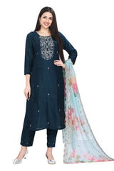 Trendy Teal Blue Silk Kurti Set with Designer Cut work Dupatta