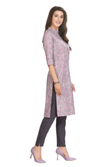 Floral Printed Violet Cotton Straight Cut Kurti with Collar and Embroidered Button Band