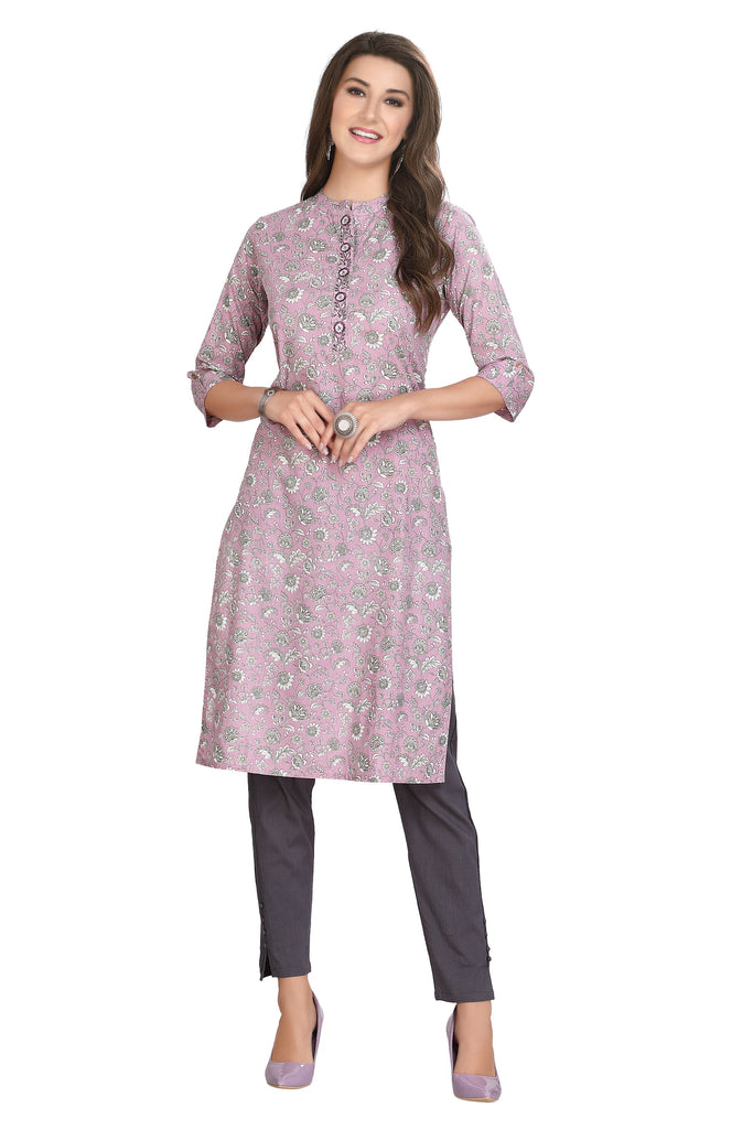 Floral Printed Violet Cotton Straight Cut Kurti with Collar and Embroidered Button Band