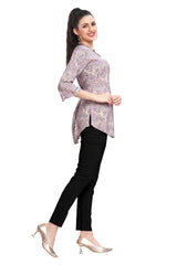 Violet Floral Print Short Kurti with Mandarin Collar