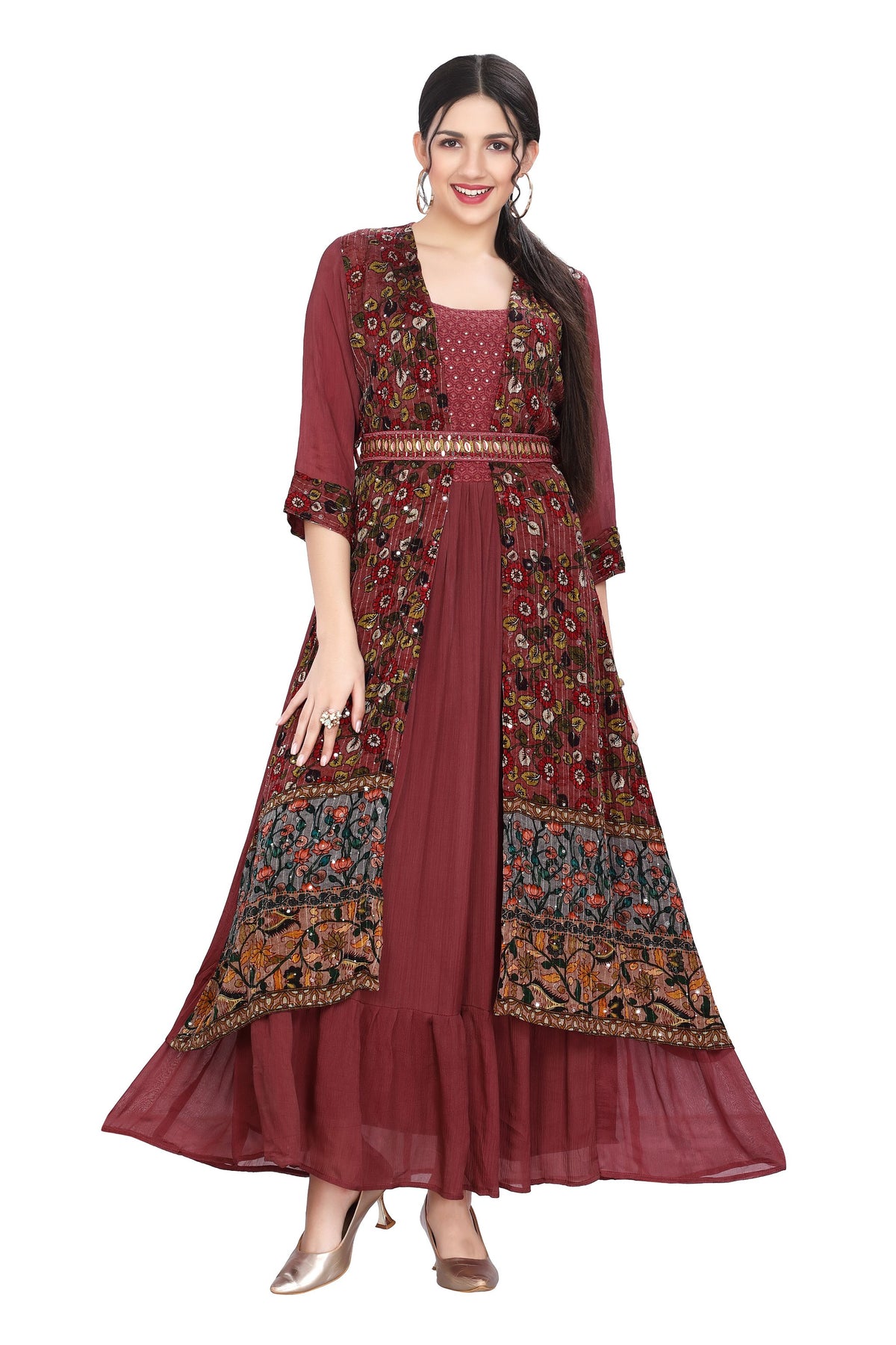 One Piece Frock Style Dress with Kalamkari Jacket and Belt M Pink