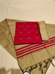 Pink Traditional Silk Dress Material with checks and small buttis