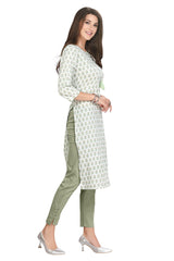 White Cotton Kurti: Straight Cut with Pastel Flower Buti Print for Women