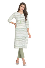 White Cotton Kurti: Straight Cut with Pastel Flower Buti Print for Women