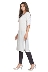 White Crape Knee Length Straight Cut Kurti with Round neck and 3/4th Pleated Sleeves