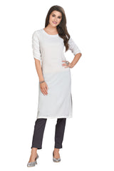 White Crape Knee Length Straight Cut Kurti with Round neck and 3/4th Pleated Sleeves