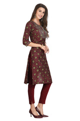 Wine Silk Kurti for Women: Straight Cut with Sequin Embroidery & Bandhani Print