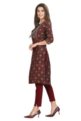 Wine Silk Kurti for Women: Straight Cut with Sequin Embroidery & Bandhani Print