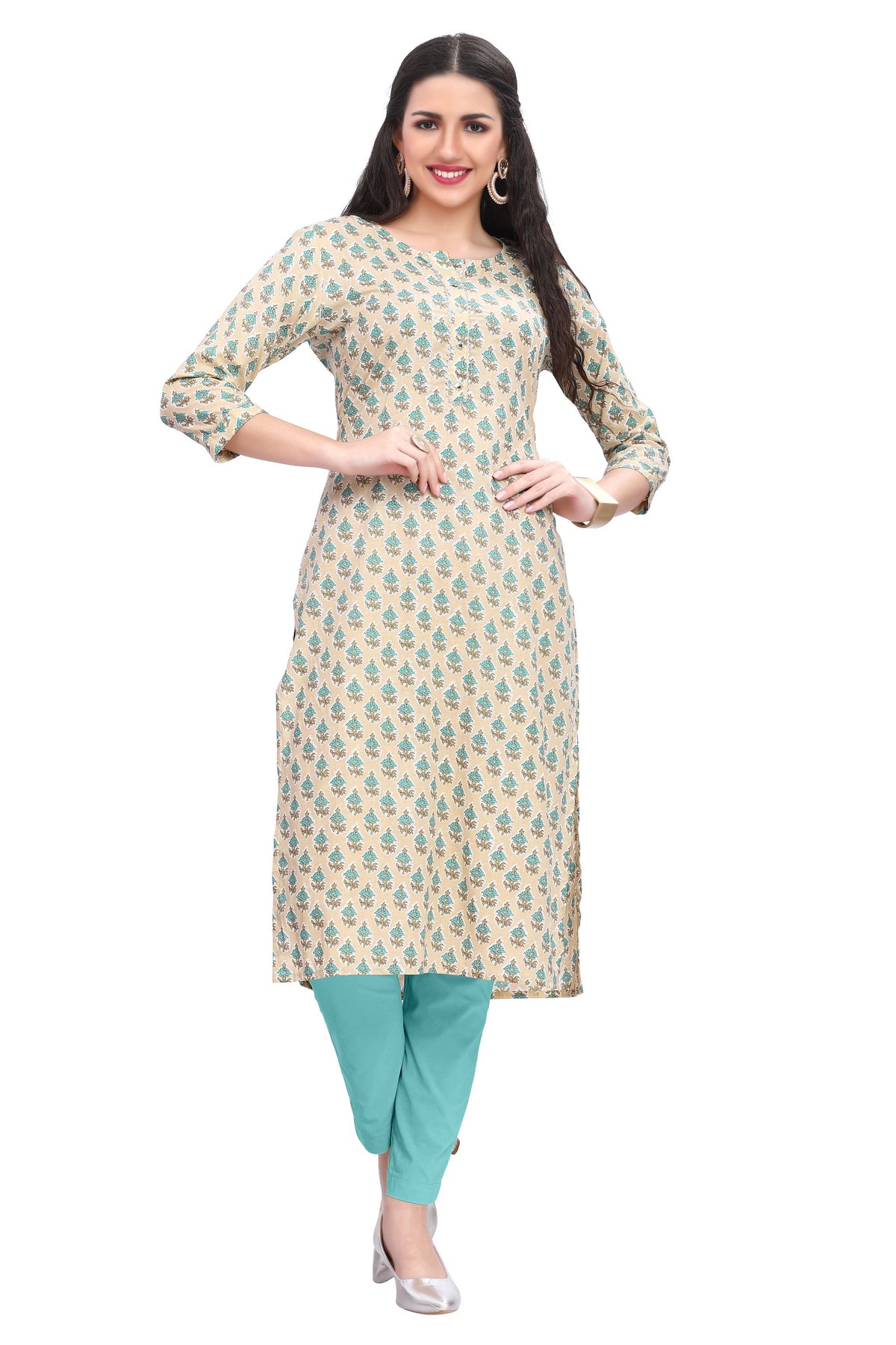 Yellow Cotton Buti Print Kurti with Zari Work