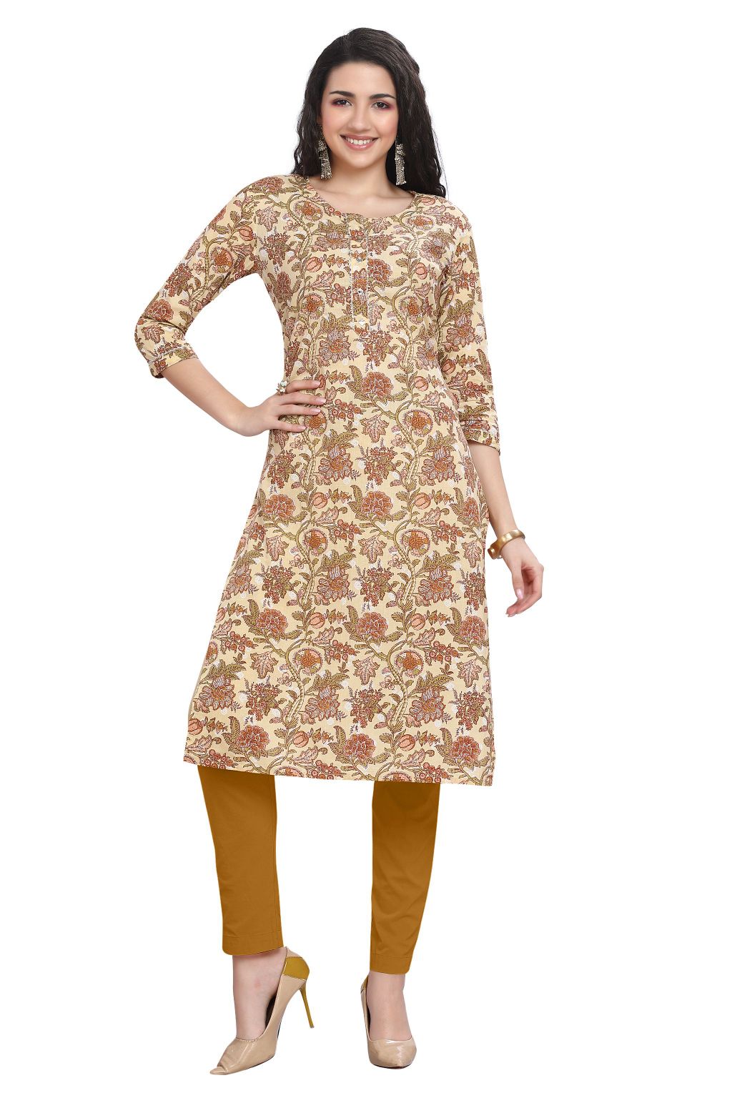 Yellow Cotton Kurti for Women: Straight Cut with Floral Print Highlights