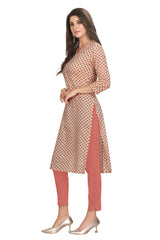 Peach Cotton Kurti with Floral Print and Zari Work