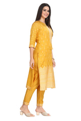 Yellow Mustard Silk Kurta Set for Women with Embroidered Yoke and Weaving Design