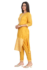 Yellow Mustard Silk Kurta Set for Women with Embroidered Yoke and Weaving Design