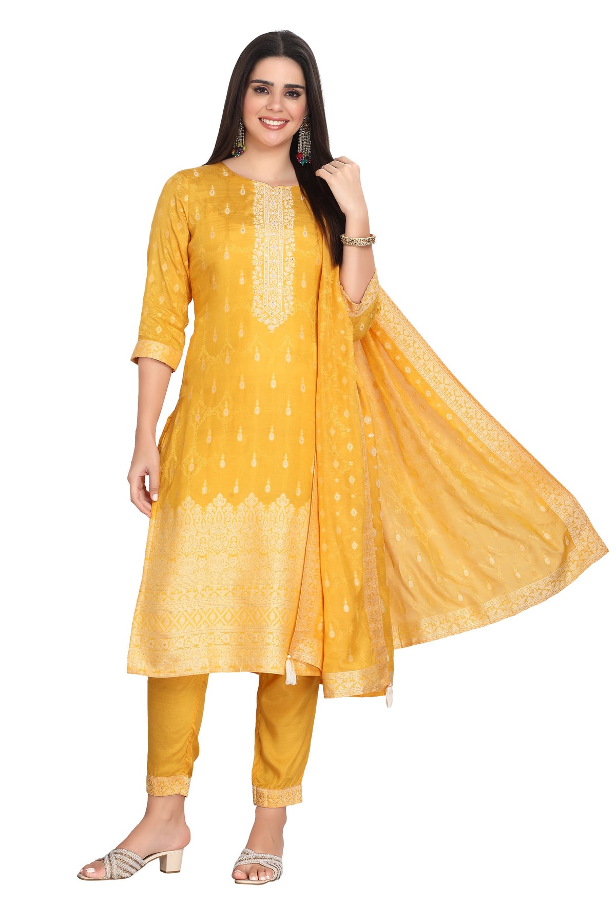 Yellow Mustard Silk Kurta Set for Women with Embroidered Yoke and Weaving Design