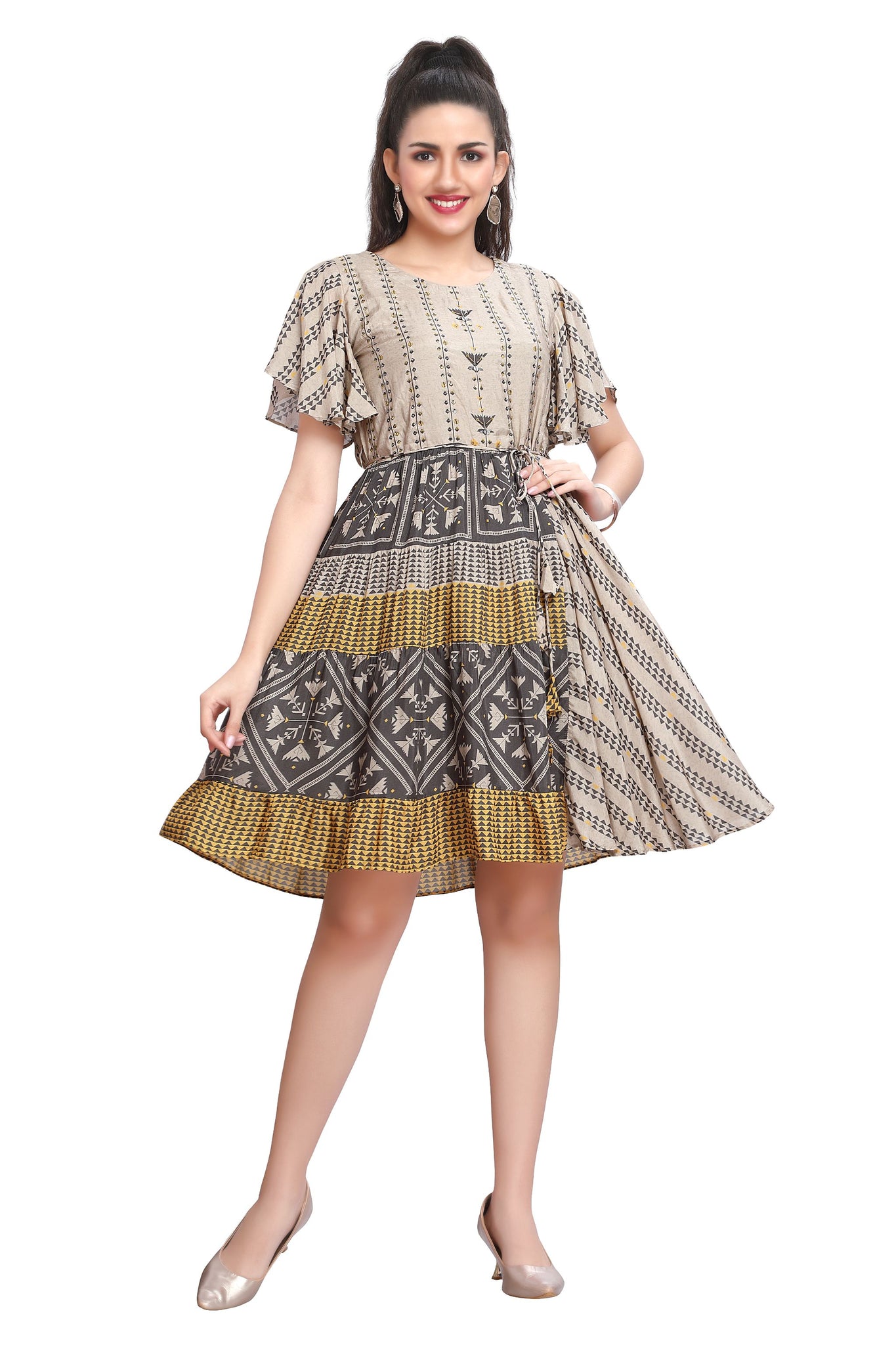 Creamish Beige Modal Short Kurti – Geometric Print, Flutter Sleeves