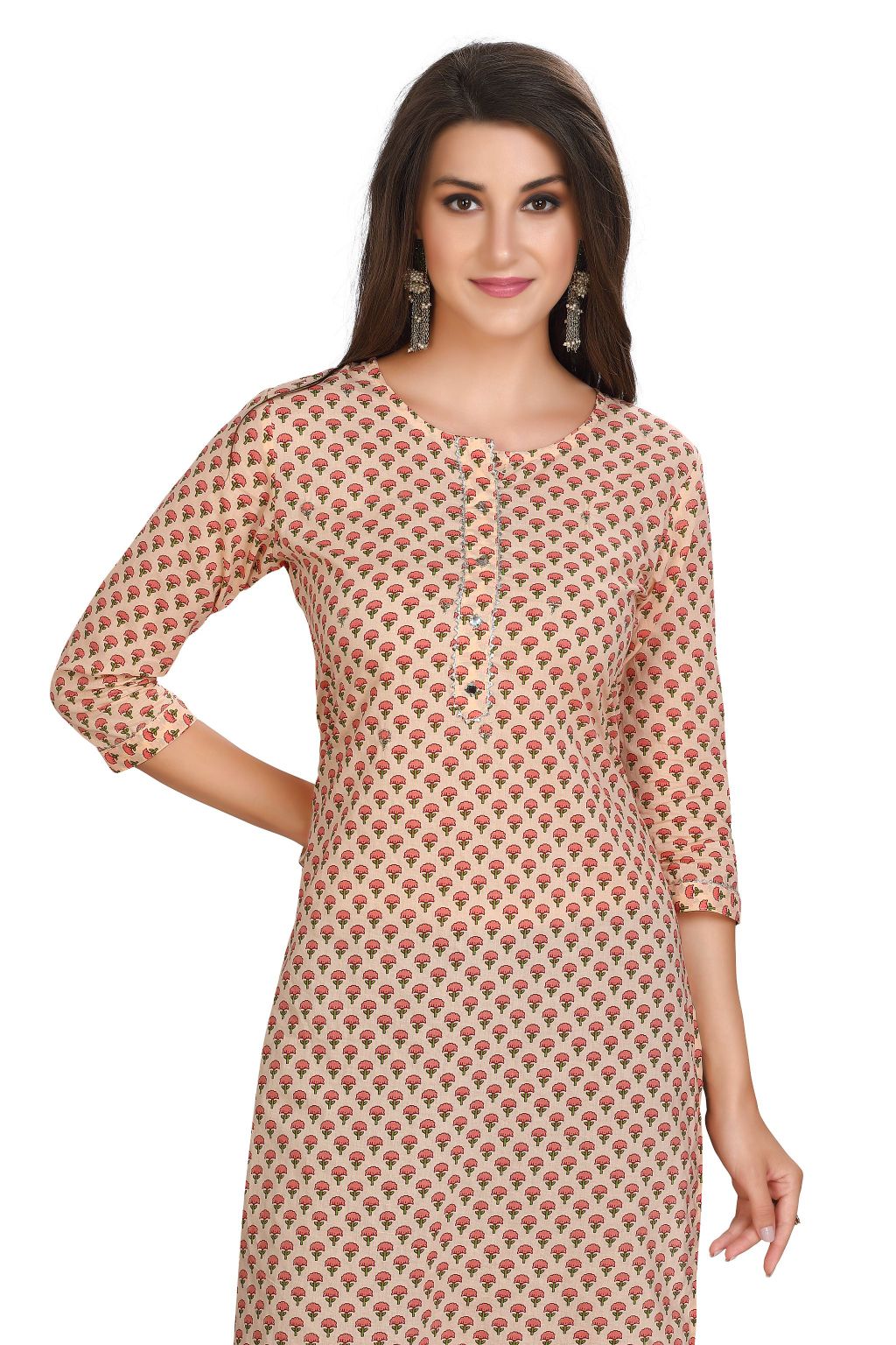 Peach Cotton Kurti with Floral Print and Zari Work